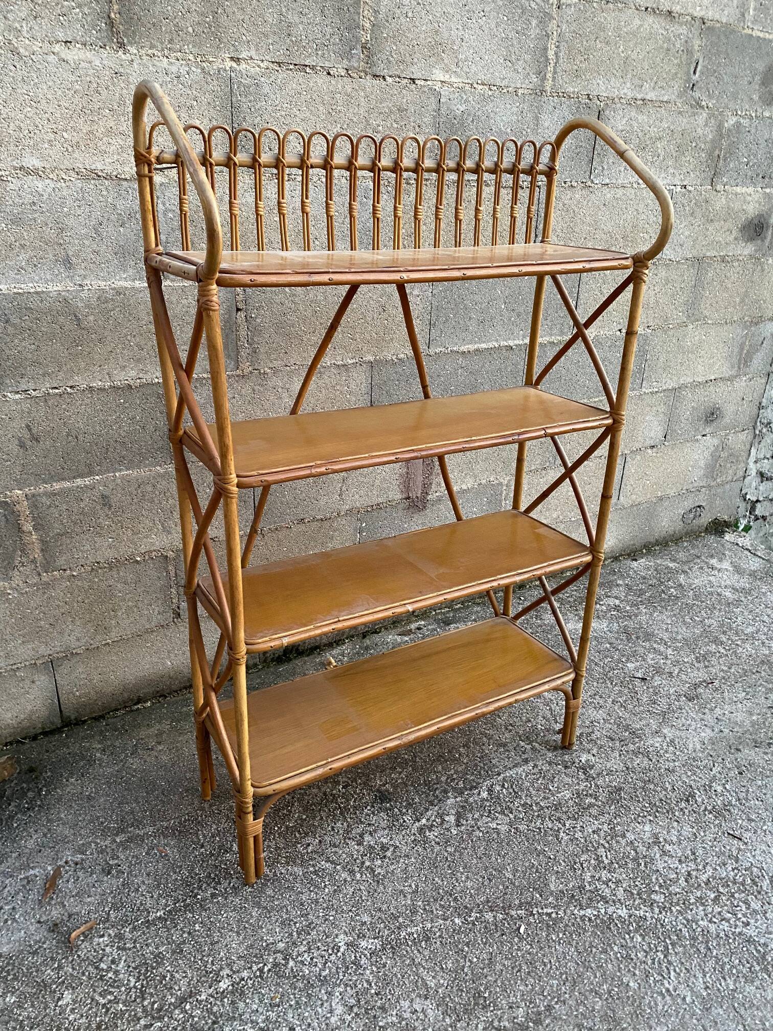 vintage rattan shelf on stand