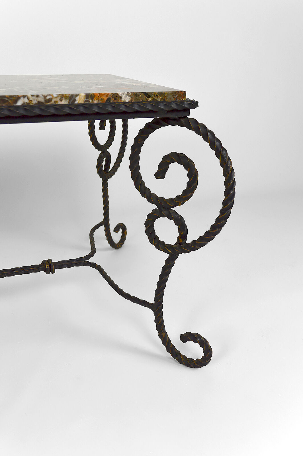 Coffee table in patinated wrought iron and marble, circa 1940