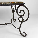 Coffee table in patinated wrought iron and marble, circa 1940