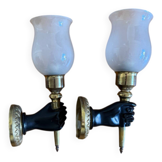 Pair of neoclassical bronze wall sconces by André Arbu.