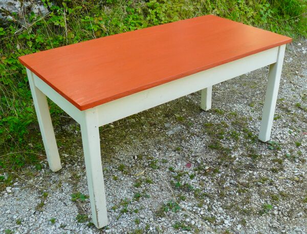 Table de cuisine vintage 1950 bois peint orange et blanc