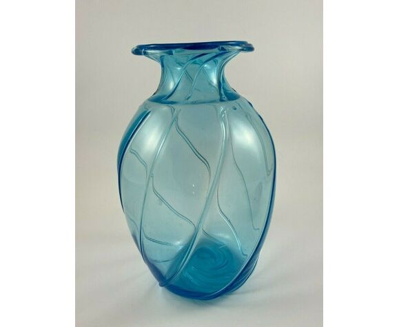 Large blue bulb vase in transparent glass groove art deco 1950 196 | Selency