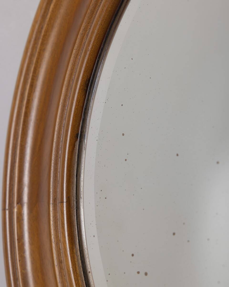 Vintage 1970s round wall mirror in walnut wood, Italian design