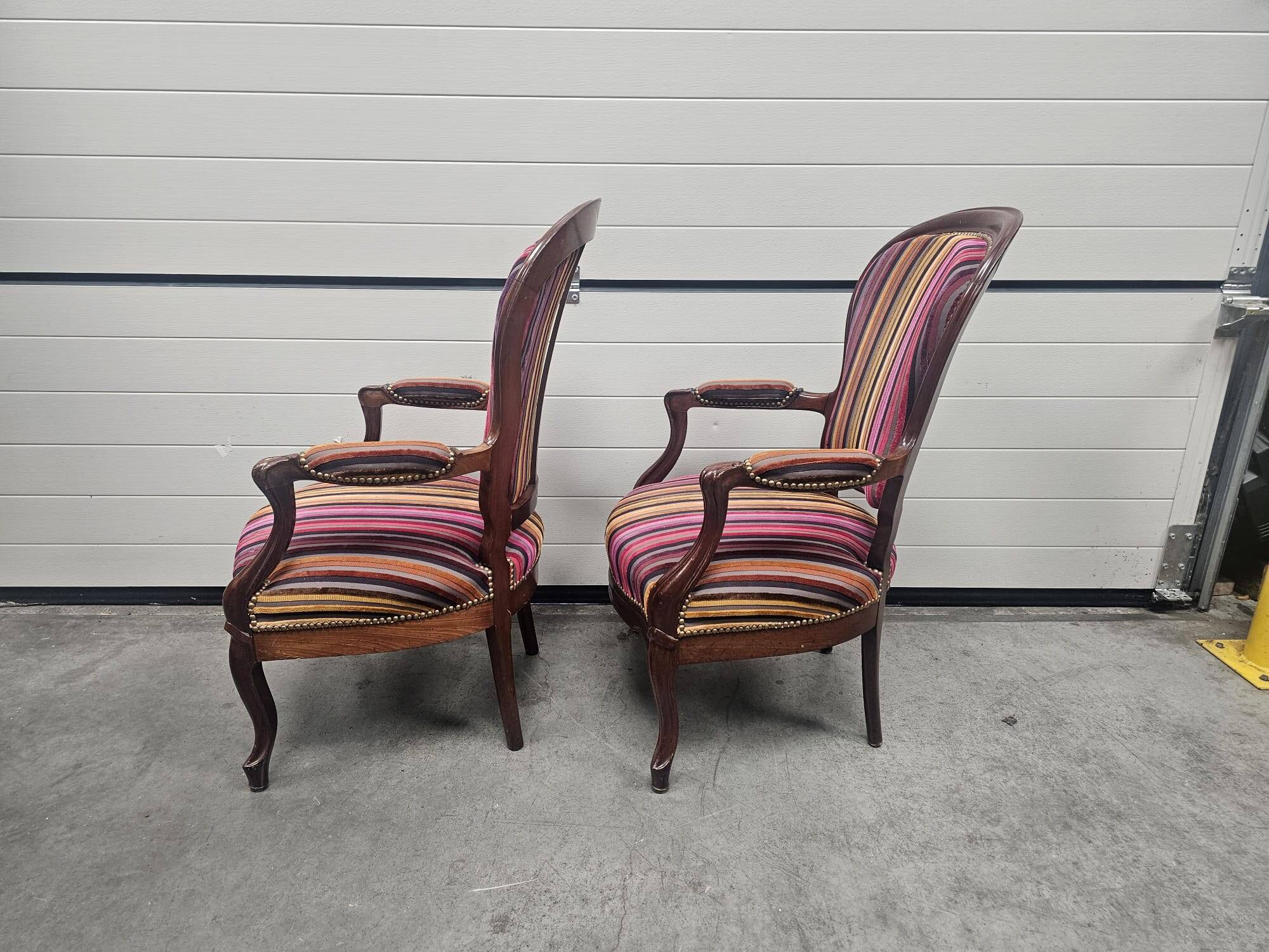 Pair of Louis Philippe armchairs in multi-colored striped velvet