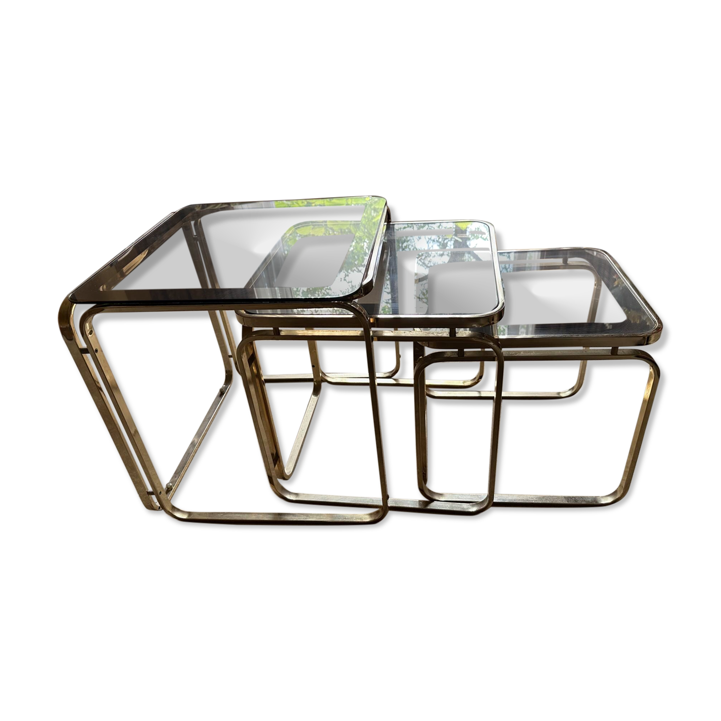 Brass nesting tables with smoked glass tops