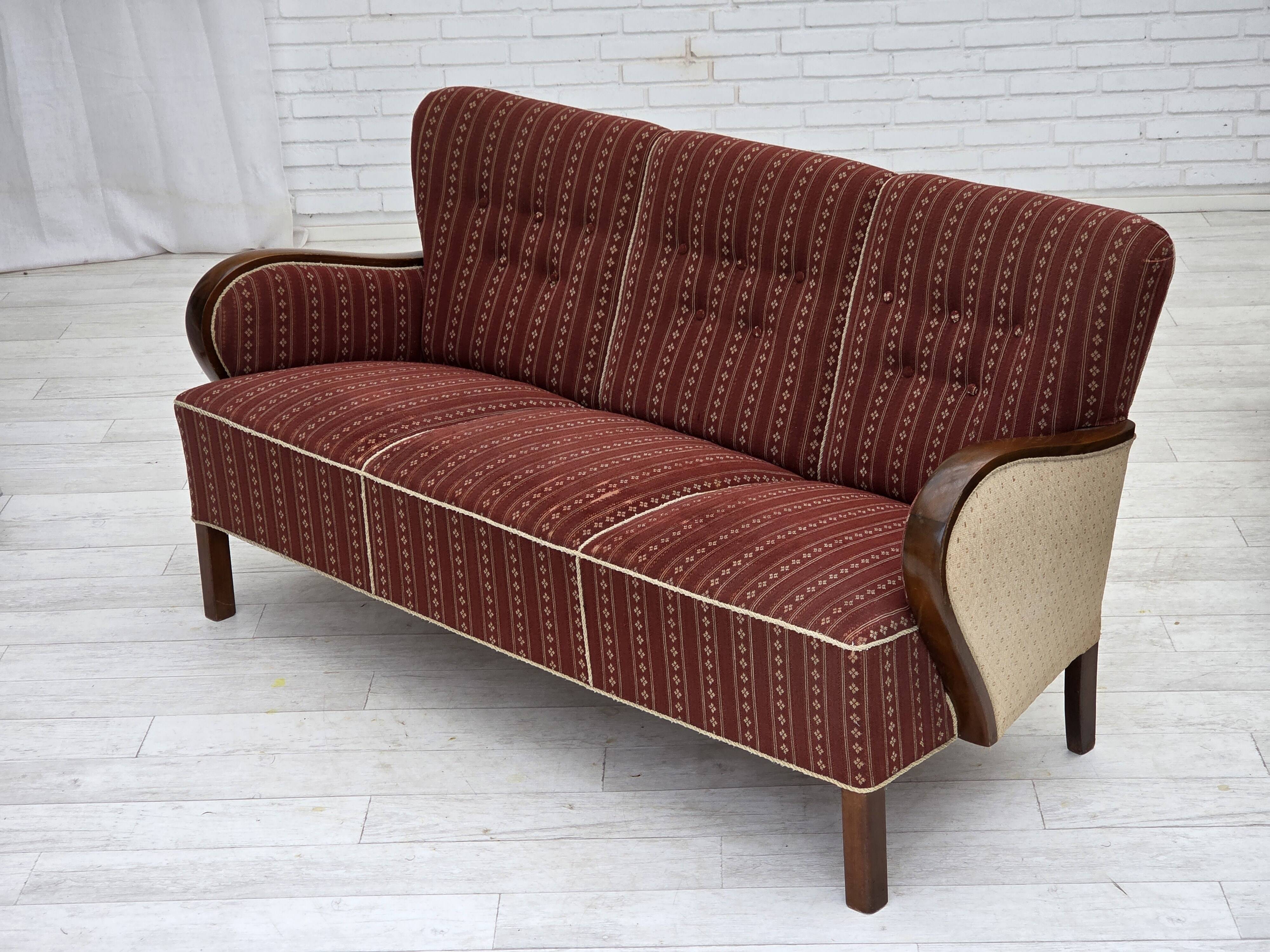 1960s, Danish 3-seater sofa, red furniture wool, beech wood.