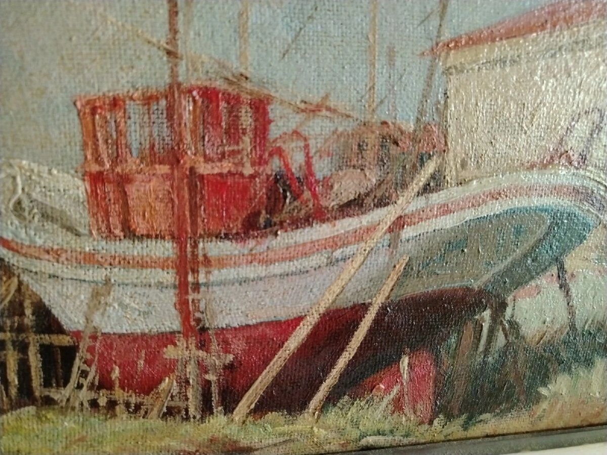 Marine Painting in Oil on Masonite, First Half of the 20th Century, Signed, Gilded Wooden Frame