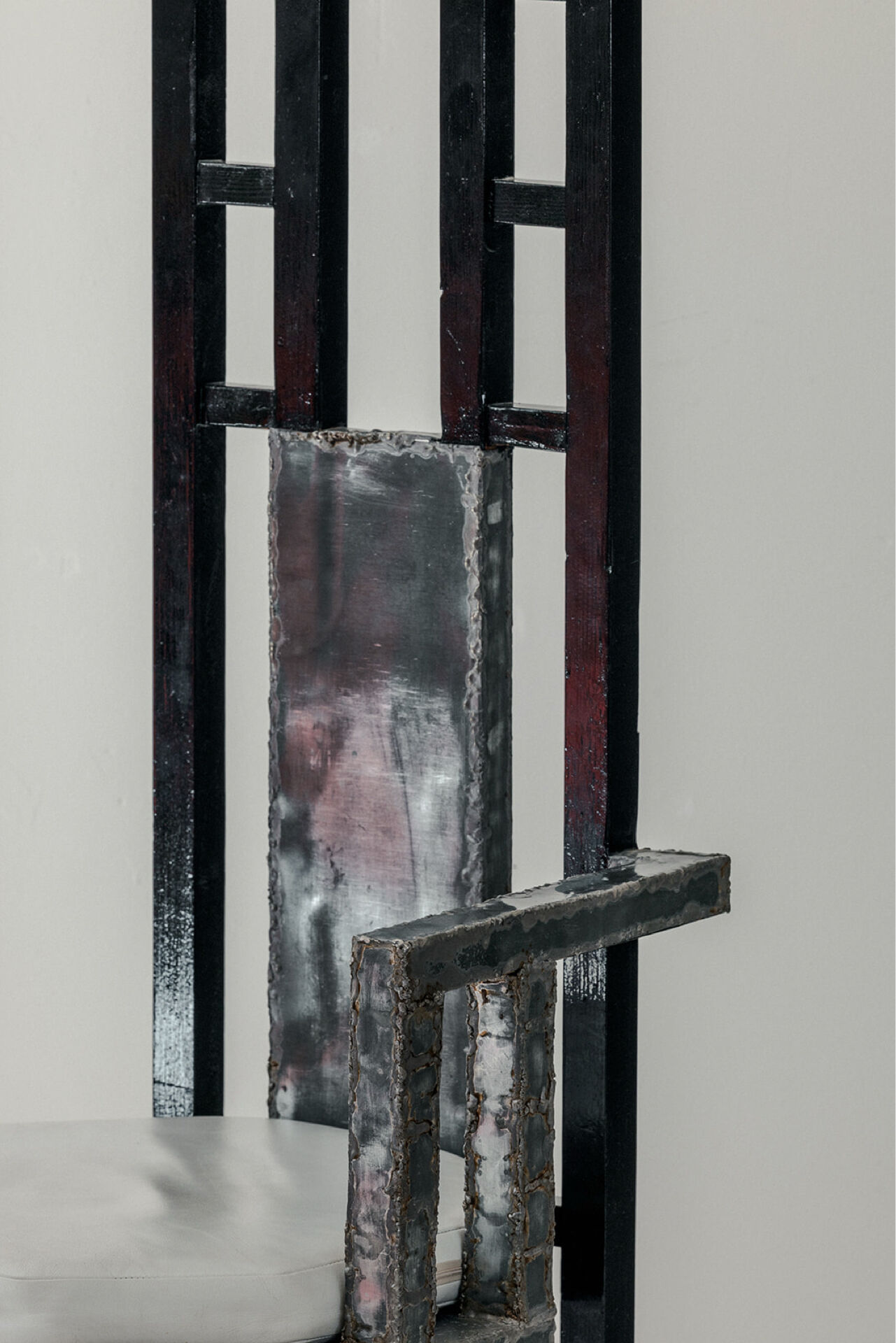 Postmodern Throne Chair in Black Lacquered Wood, Iron Sh