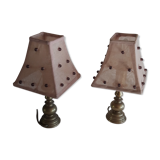 Lot of 2 cast iron foot table lamps and dayshade beaded fabrics