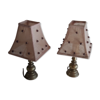 Lot of 2 cast iron foot table lamps and dayshade beaded fabrics
