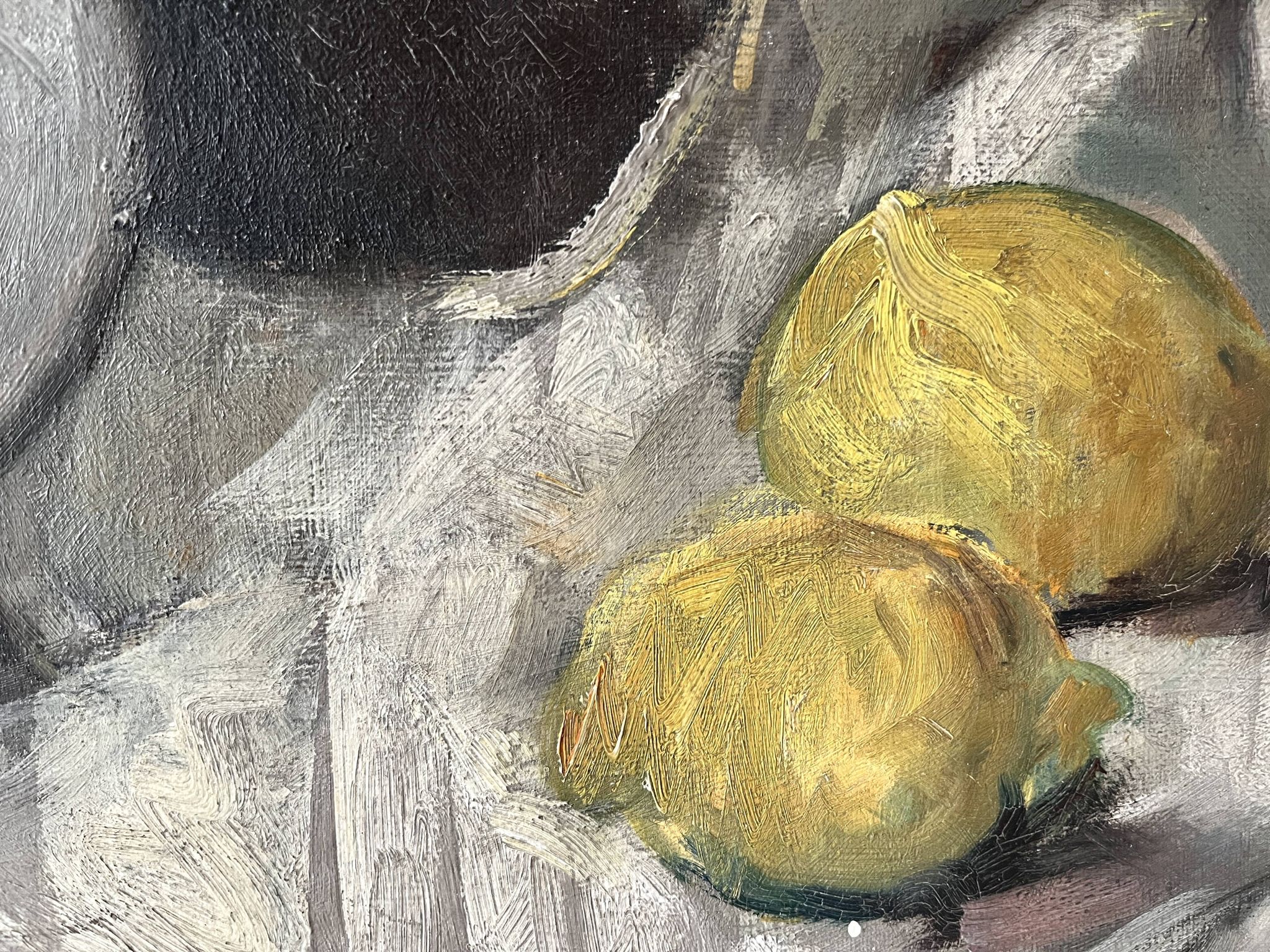 Oil on canvas still life with fish from the 1920s, antique painting.