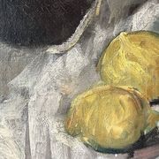 Oil on canvas still life with fish from the 1920s, antique painting.