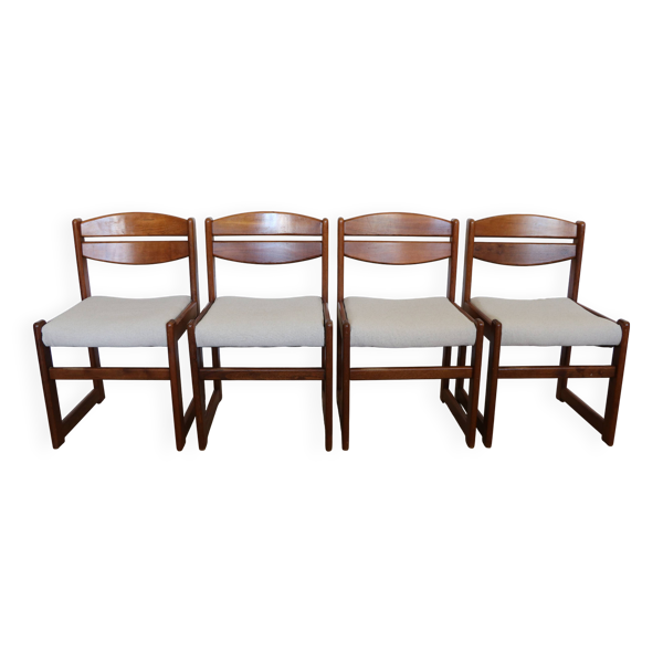 4 chaises brutalistes vintage, retapissées coton/lin