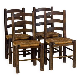 4 chaises brutalistes en paille par Georges Robert, 1950