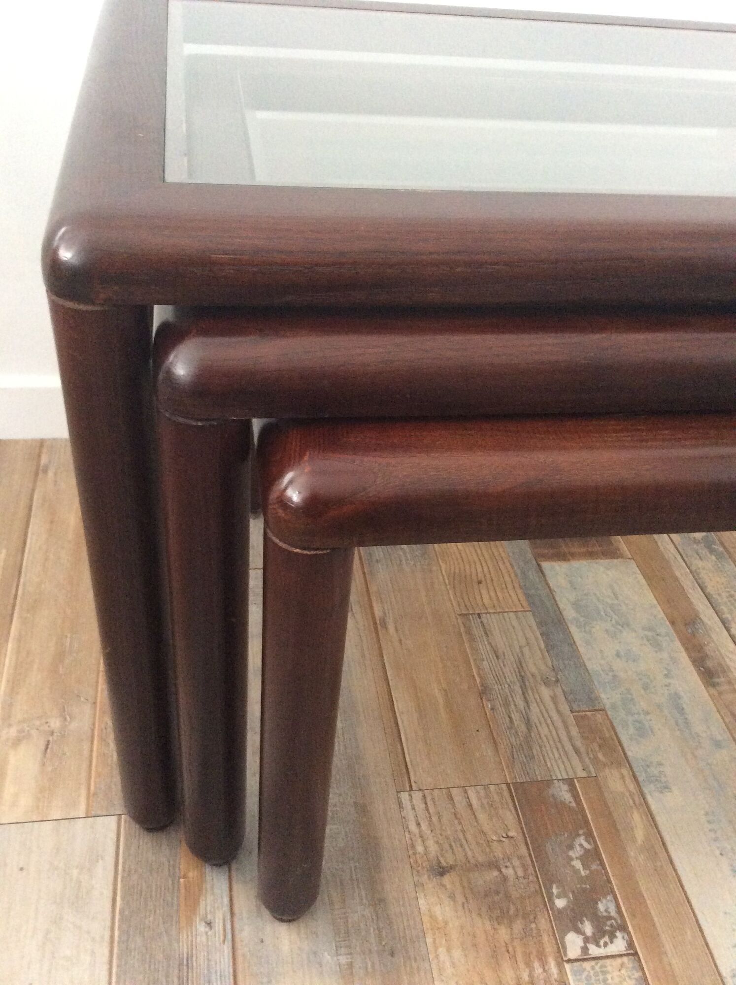 Series of 3 wooden and glass tables from the 70s