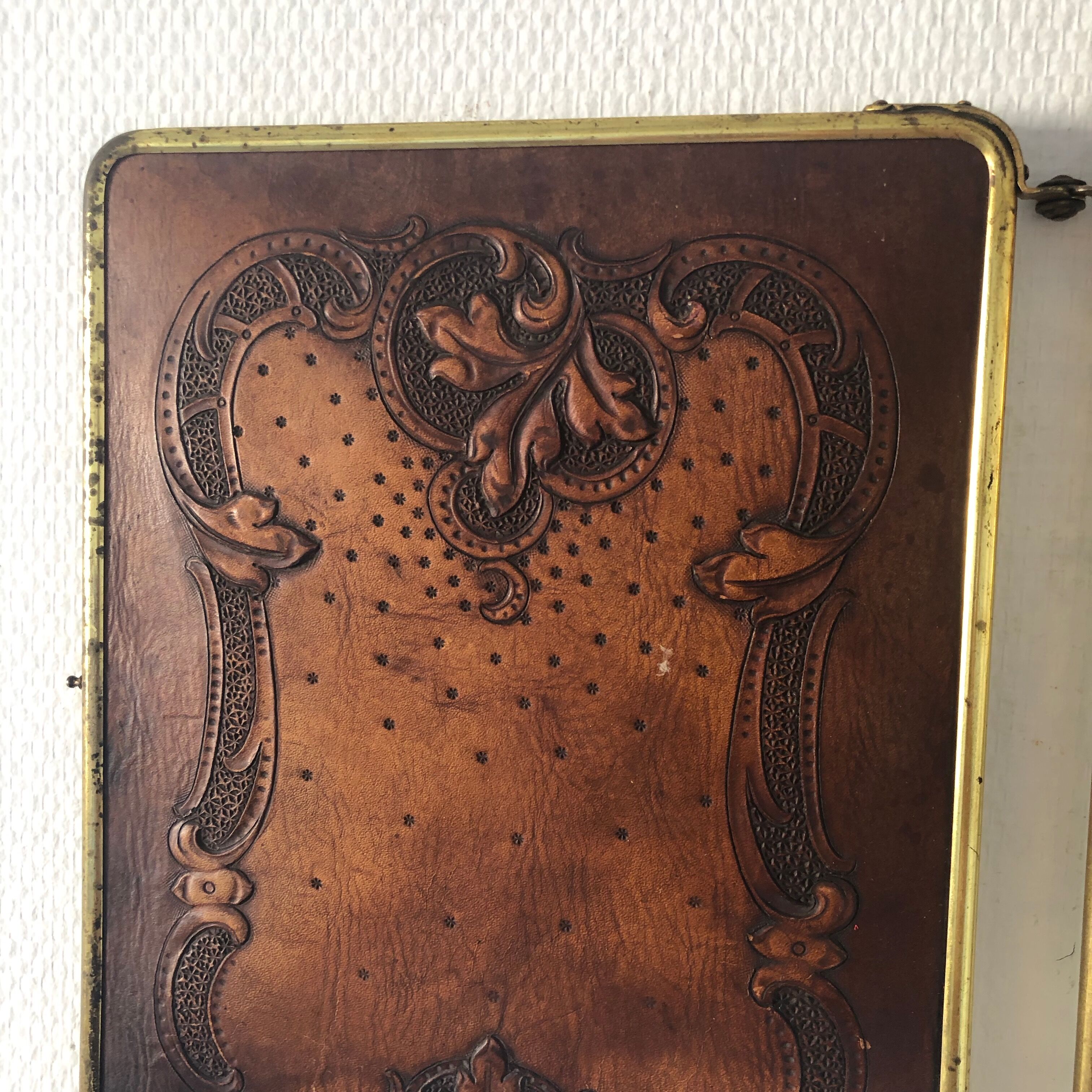 Mirror triptych barber gilded vintage leather 1930 - 33 x 79cm