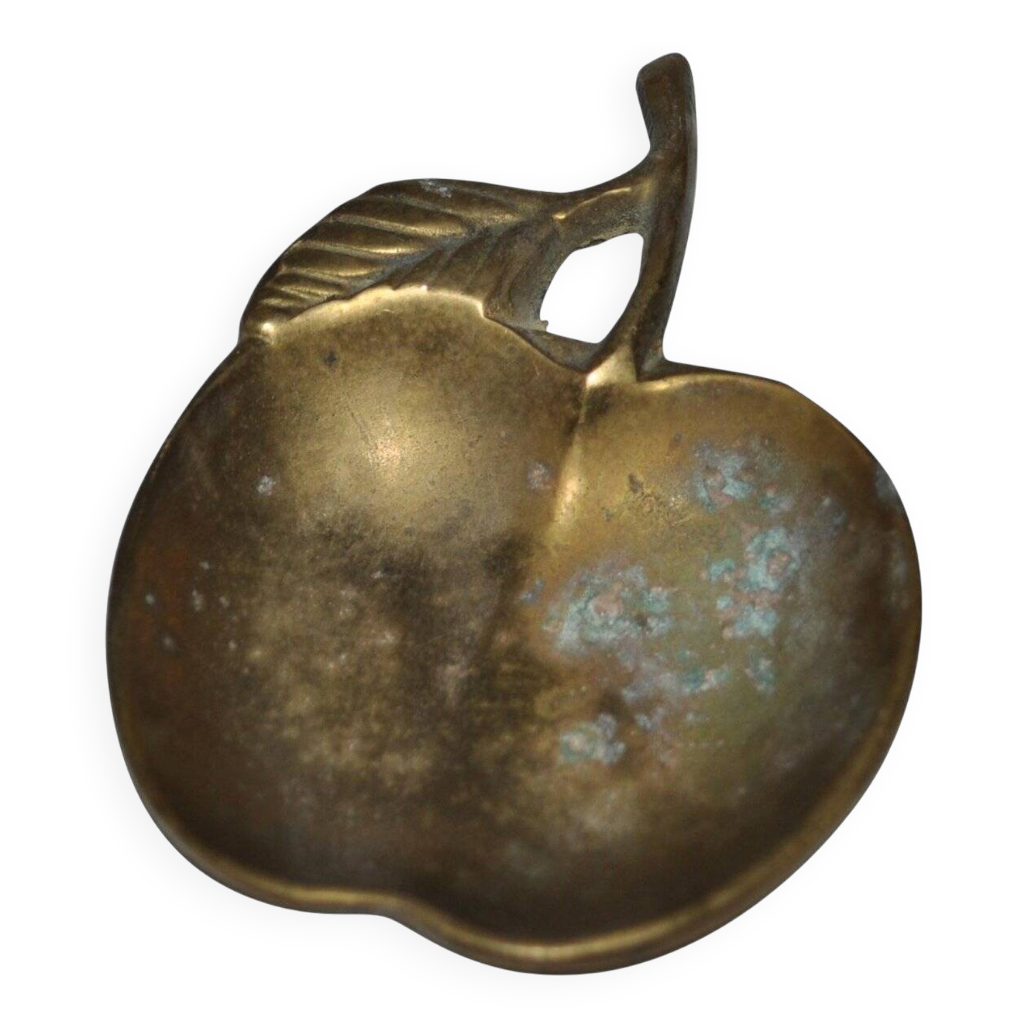 Vintage 1970s solid gold-plated brass apple ashtray from the Czech Republic, leaf pattern.