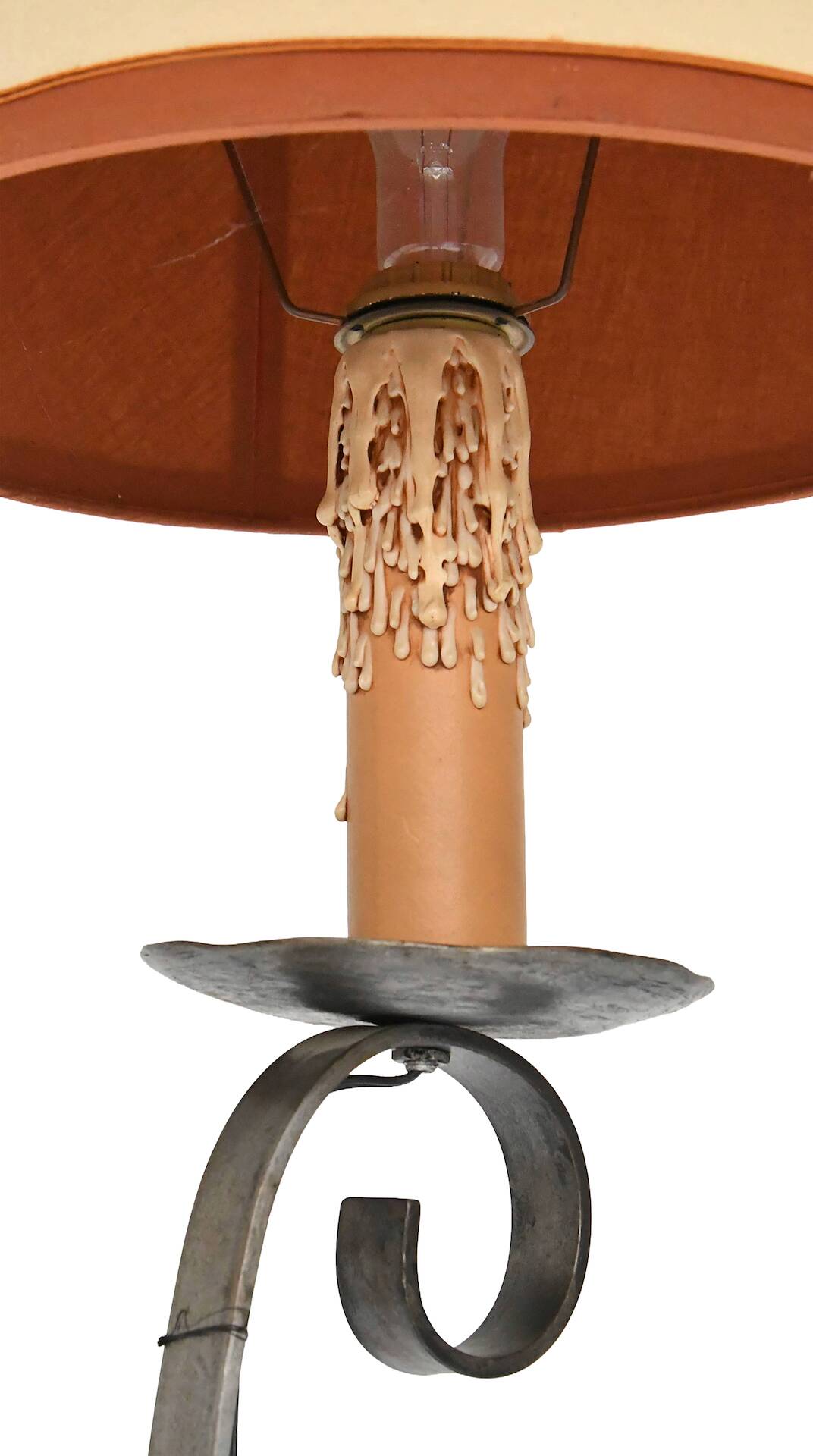Wrought iron and leather floor lamp in the style of Jean-Pierre Ryckaert.
