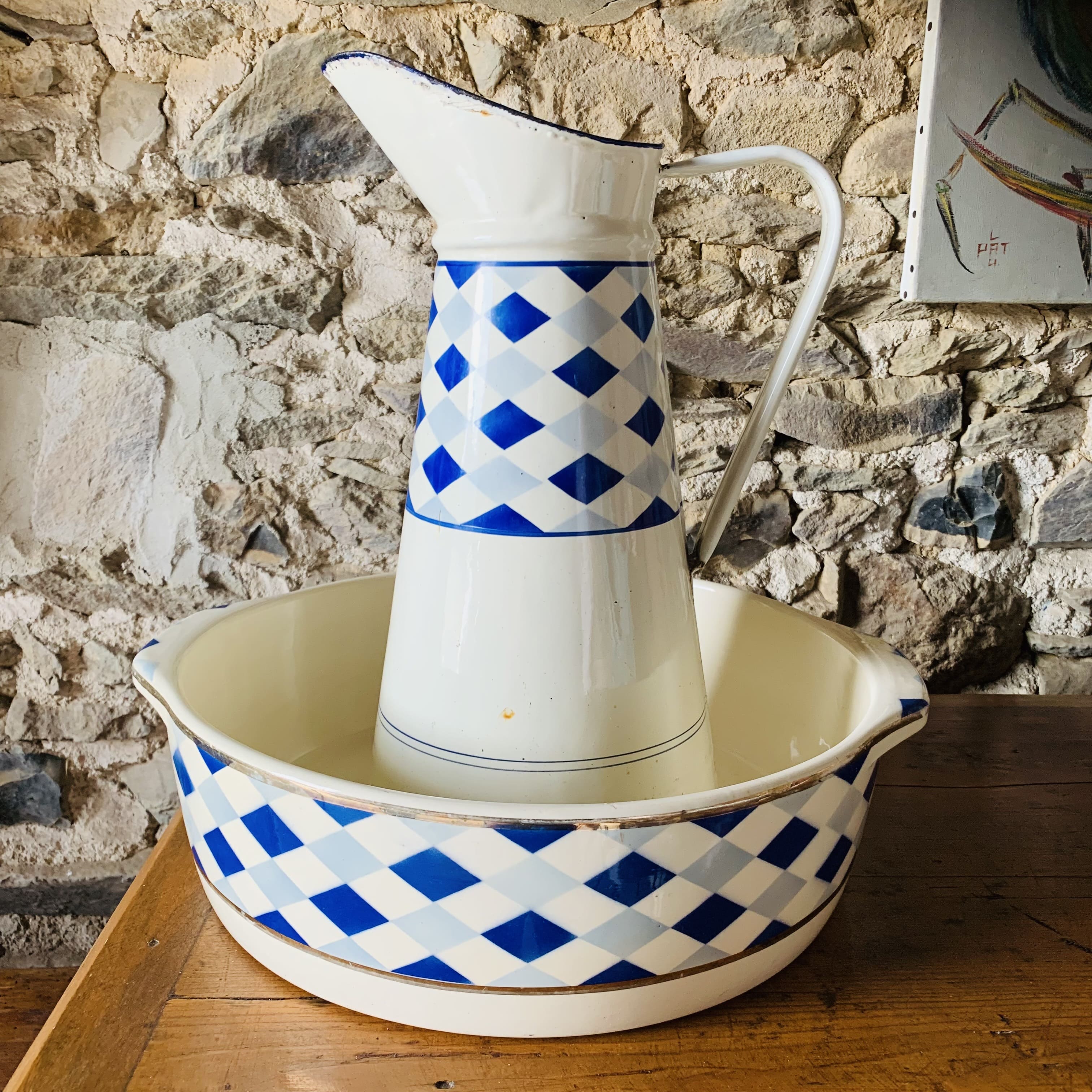 Blue checkered enamel jug - and its basin