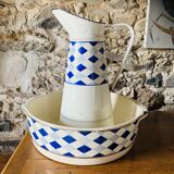 Blue checkered enamel jug - and its basin