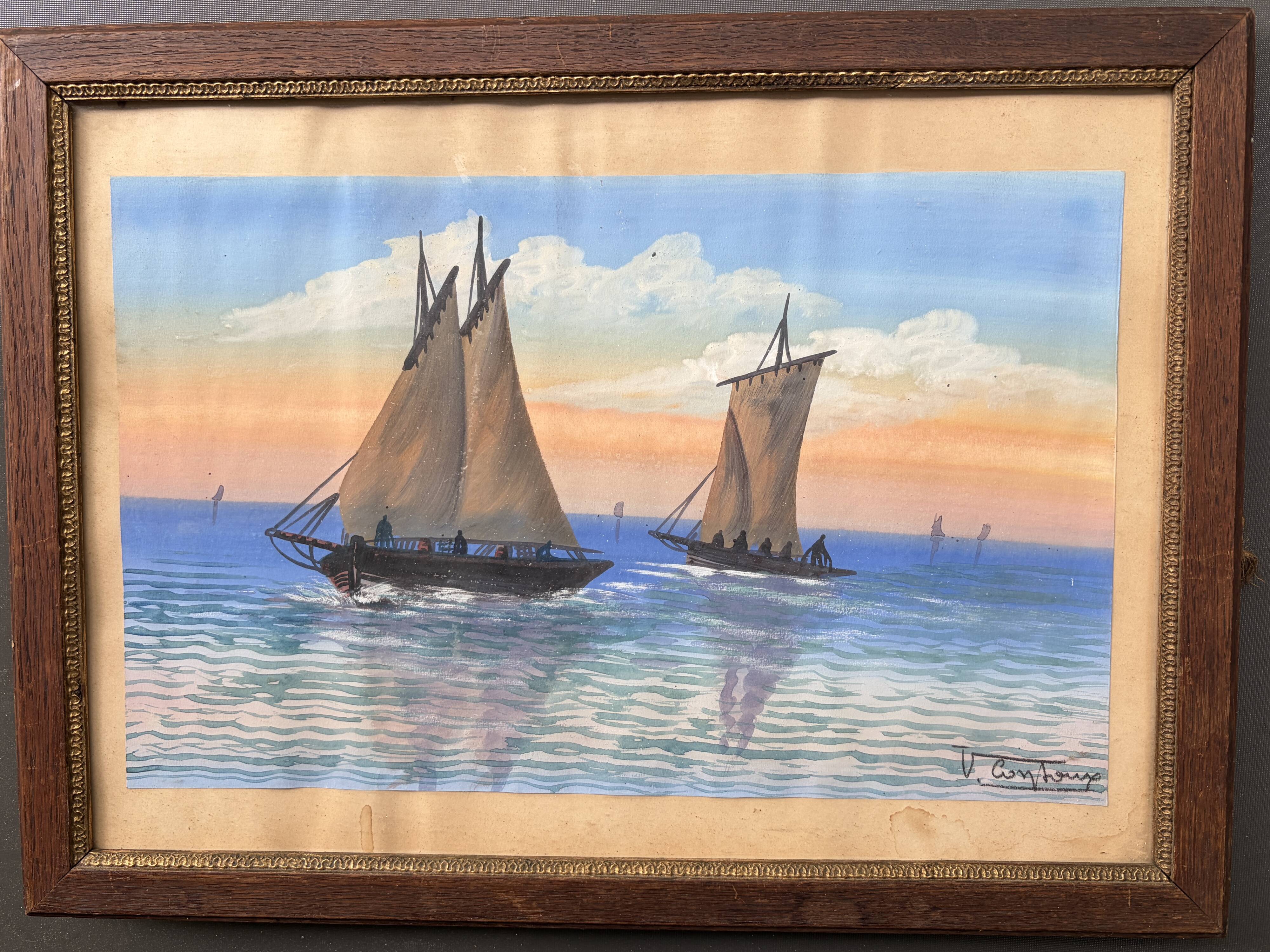Marine at Sunset - Victor Contoux (19th Century) - Original Gouache