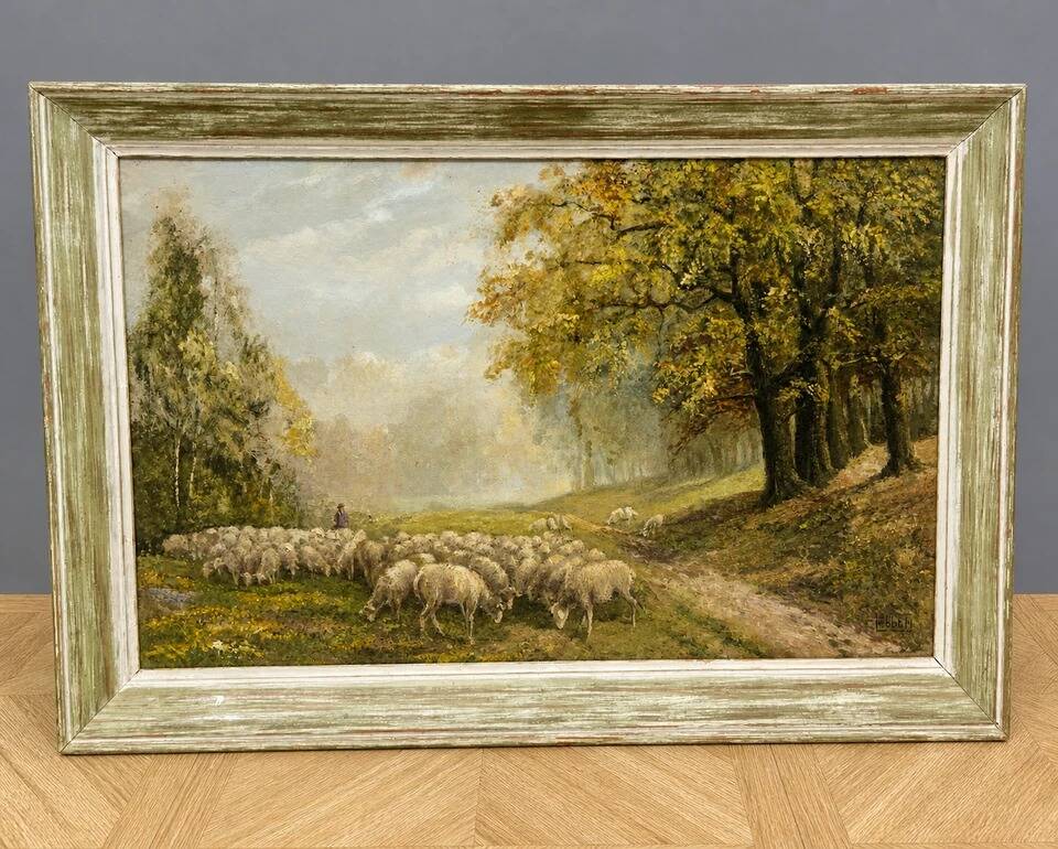Oil on canvas depicting a flock of sheep.