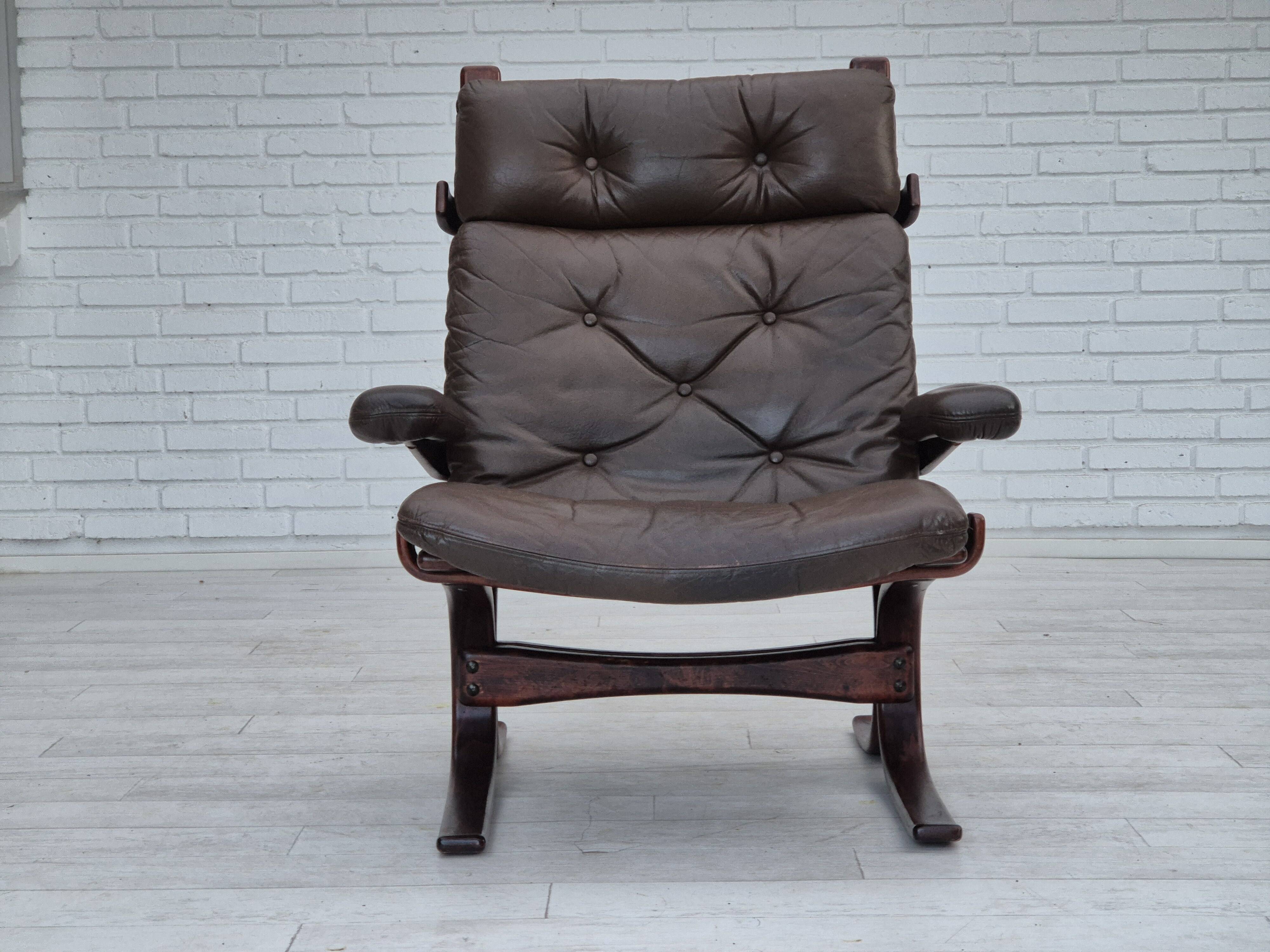 1970s, Scandinavian armchair, original condition, furniture leather, bent wood, canvas.