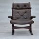 Fauteuil scandinave, état d'origine, meuble cuir, bois courbé, toile, années 1970
