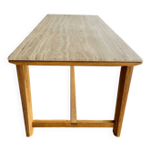 Table designer E. Gallina en travertin et chêne massif pour 6 personnes