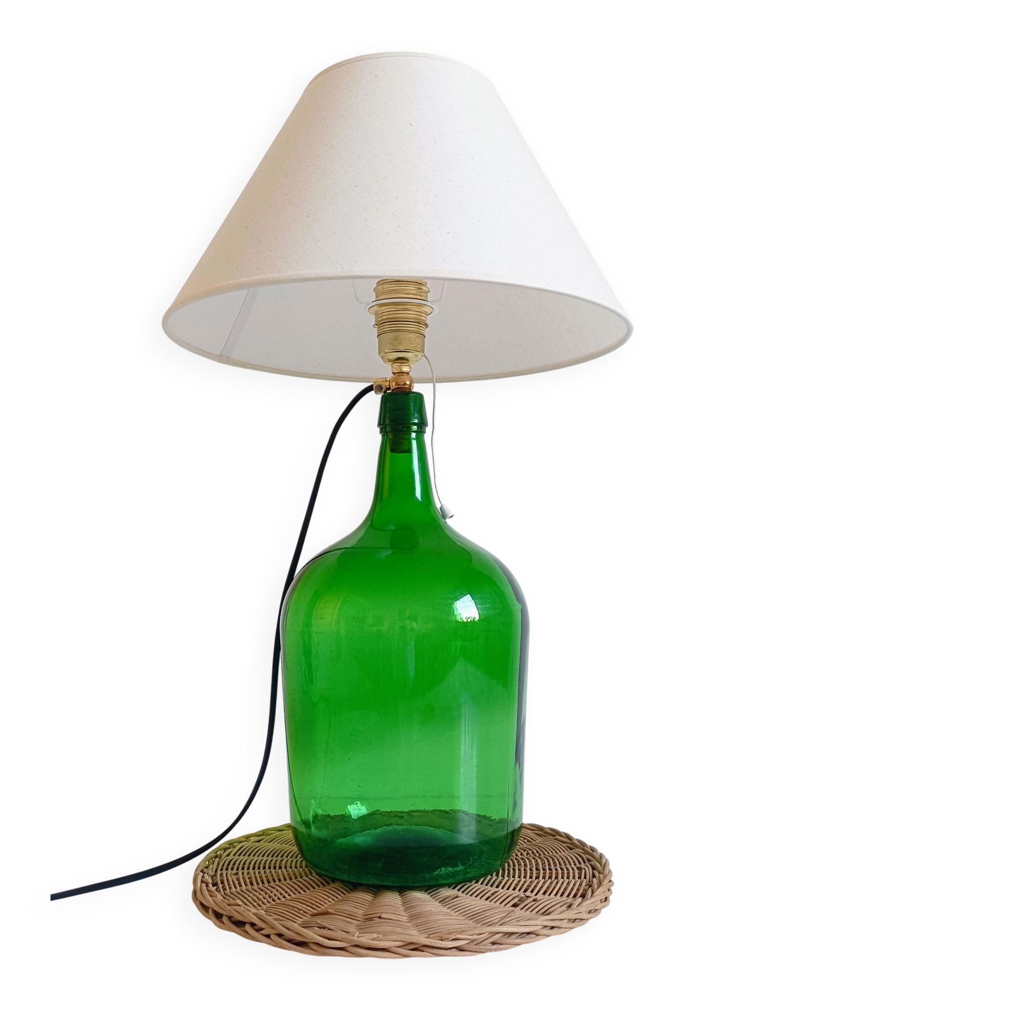 Mid-Century Green Glass Demijohn Table Lamp, Brass Fittings, Contemporary Shade