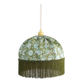 Suspension vintage recyclée fleurie vert sauge à franges — pièce unique