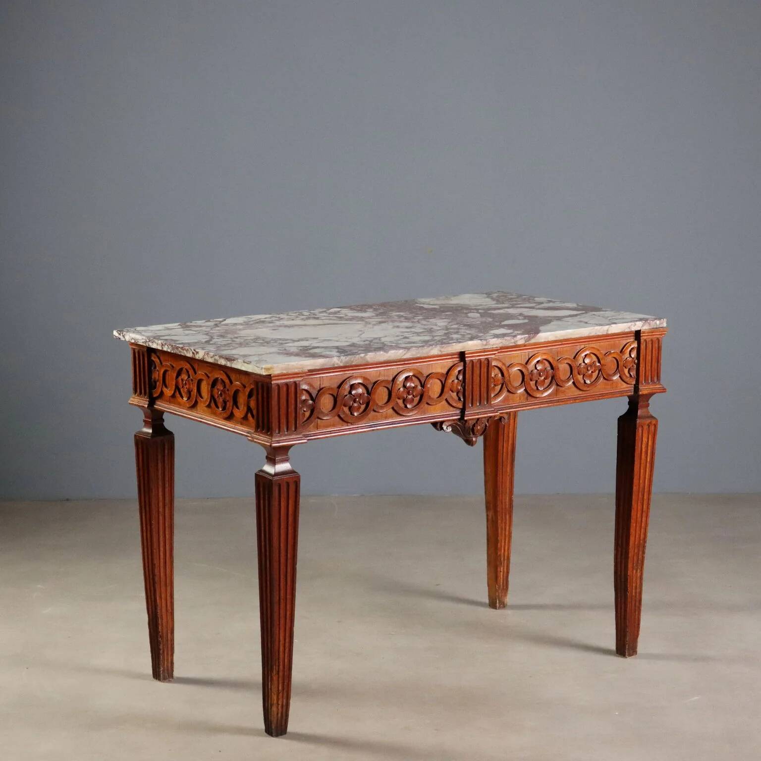 Console néoclassique en noyer avec plateau en marbre