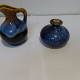 Small vintage ceramic pitcher Blue and brown black reflections