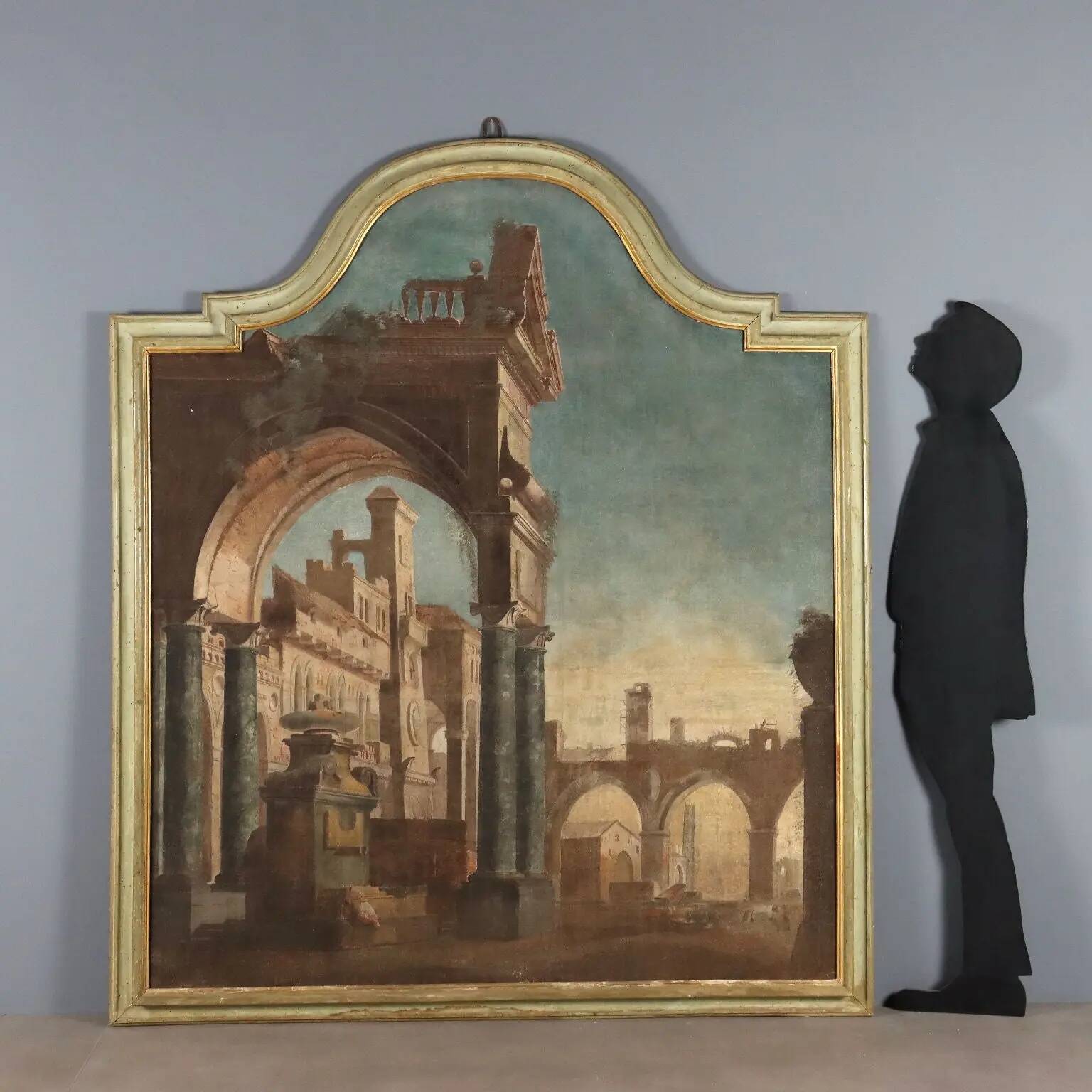 Large ancient architectural painting in tempera on canvas from the 18th century.