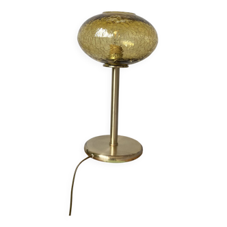 Grande lampe verre ancien craquelé doré et pied laiton
