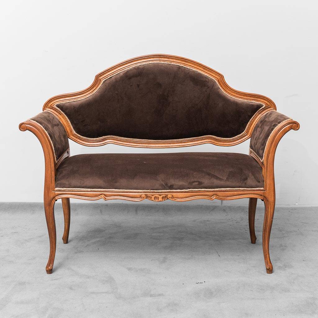 Vintage bench in brown velvet and carved wood, 1950s modernism
