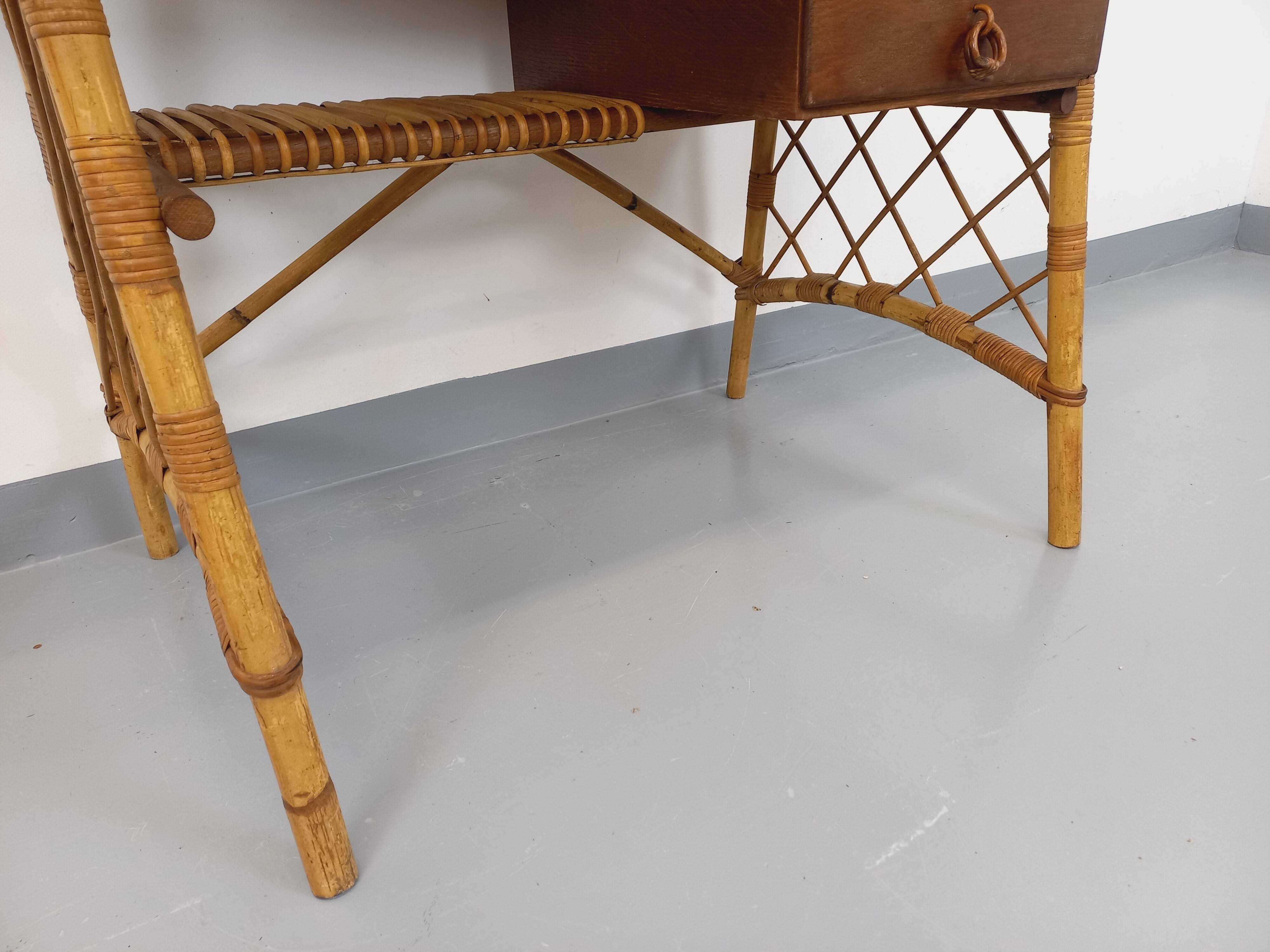 Vintage Louis Sognot desk in rattan and wood from the 1960s