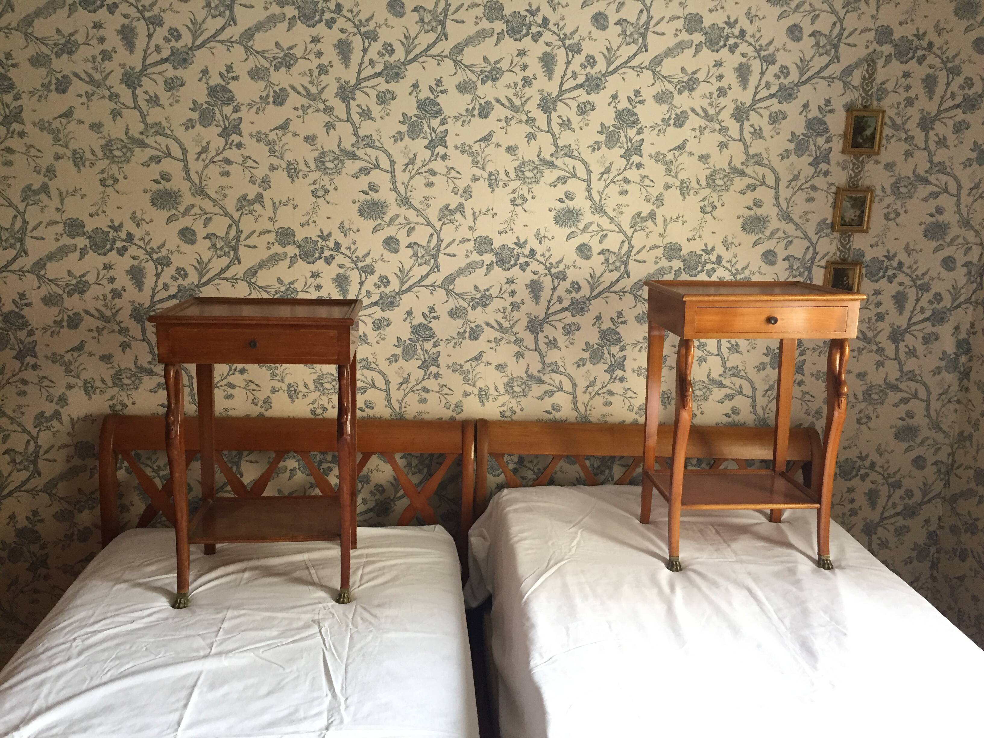 Pair of empire style swan neck beds and bedside tables