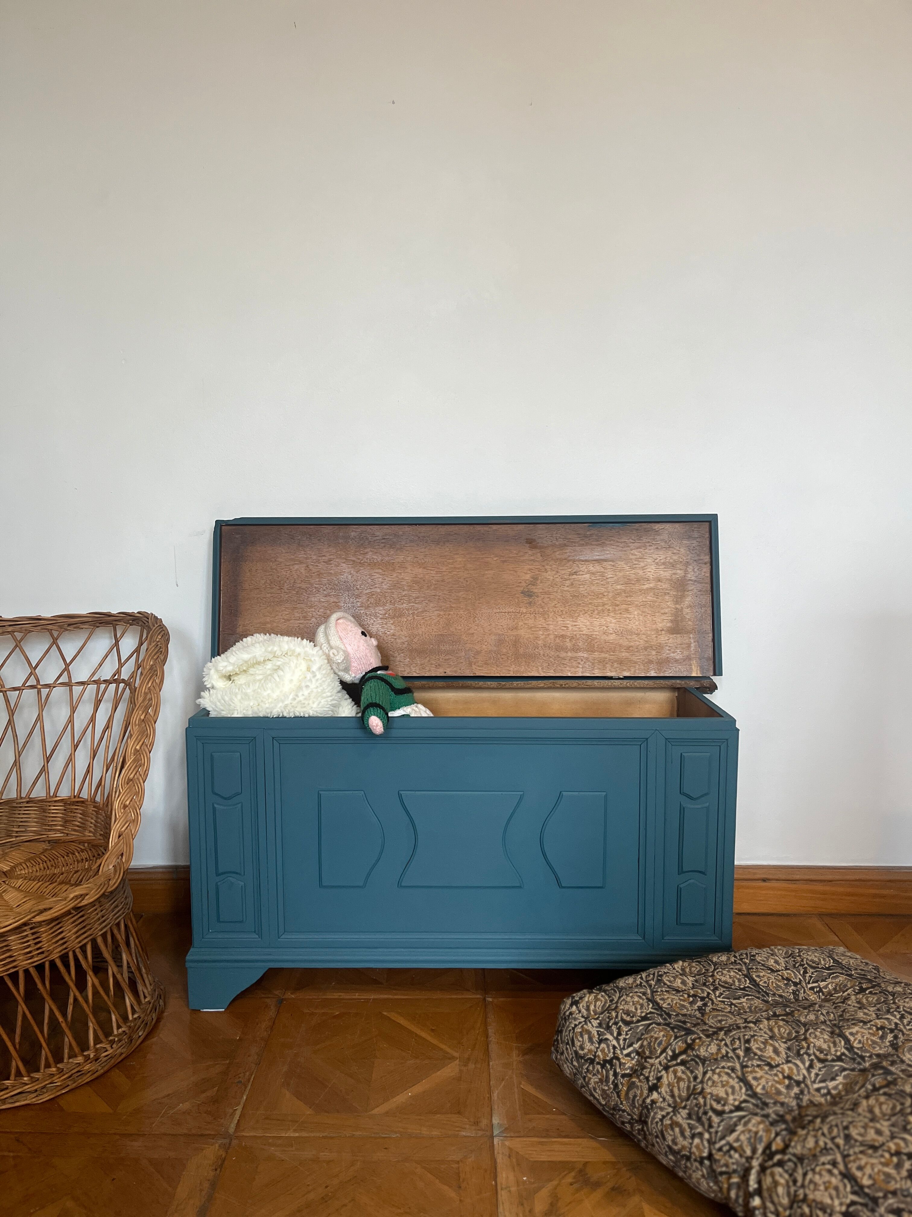 Peacock blue wooden toy chest