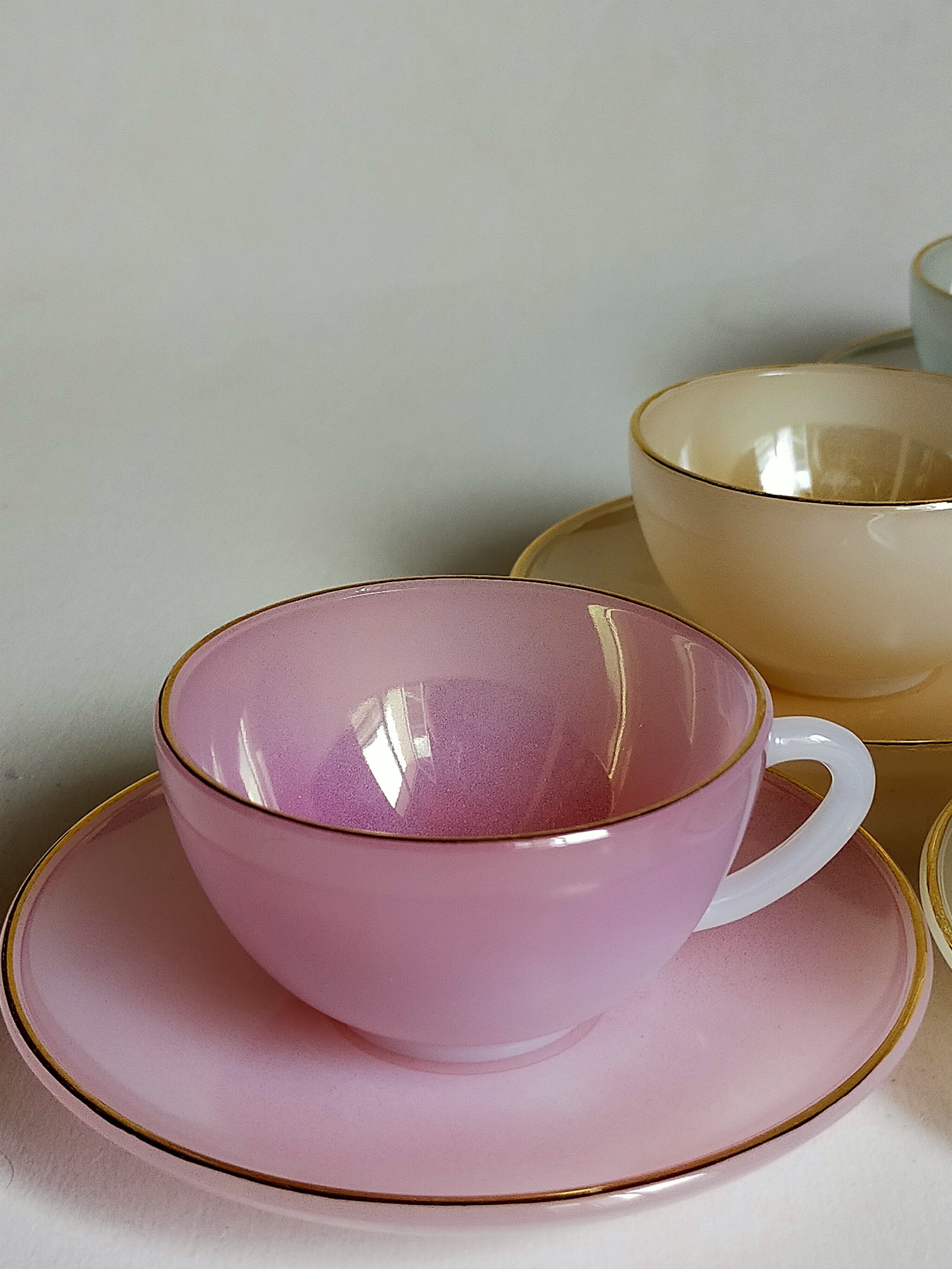 Six vintage iridescent pastel arcopal opaline cups