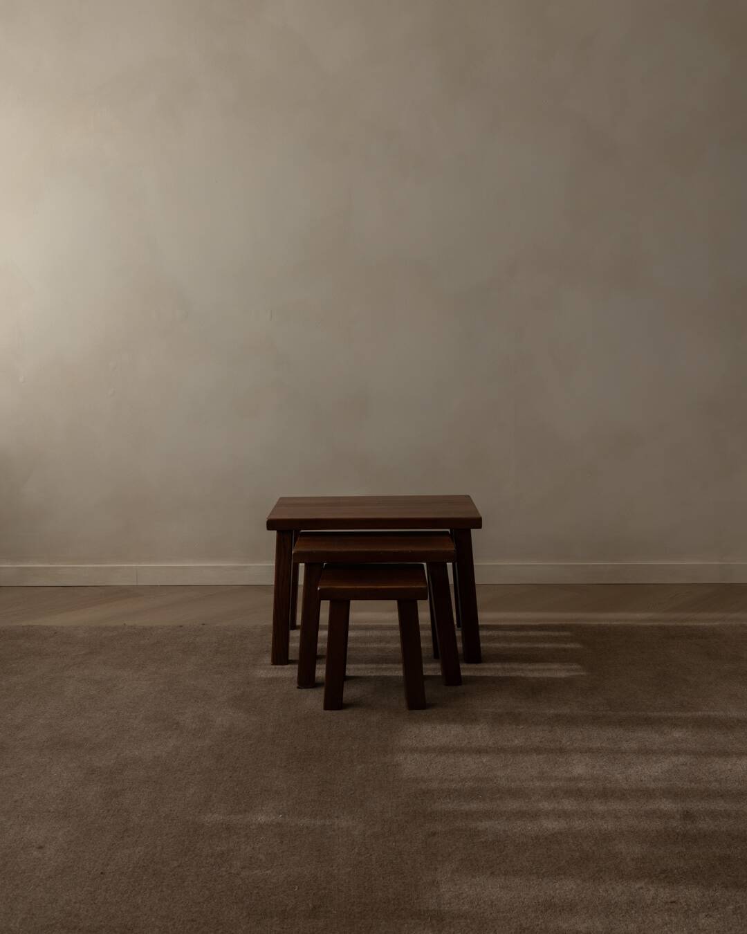 Vintage Brutalist Solid Oak Nesting Tables (Set of 3) – Dutch, 1970s