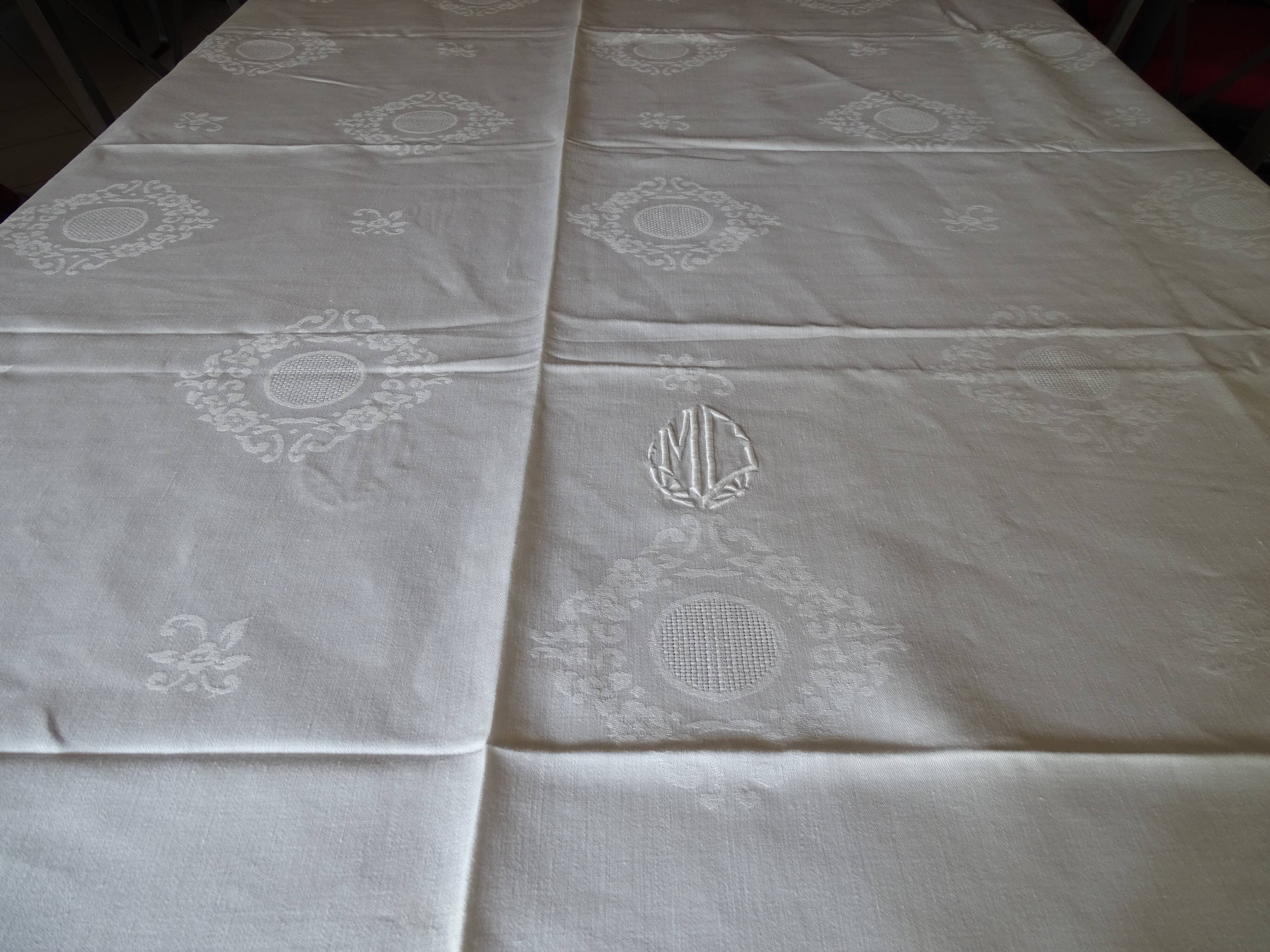Art Deco damassed tablecloth and monogram 270 x 155