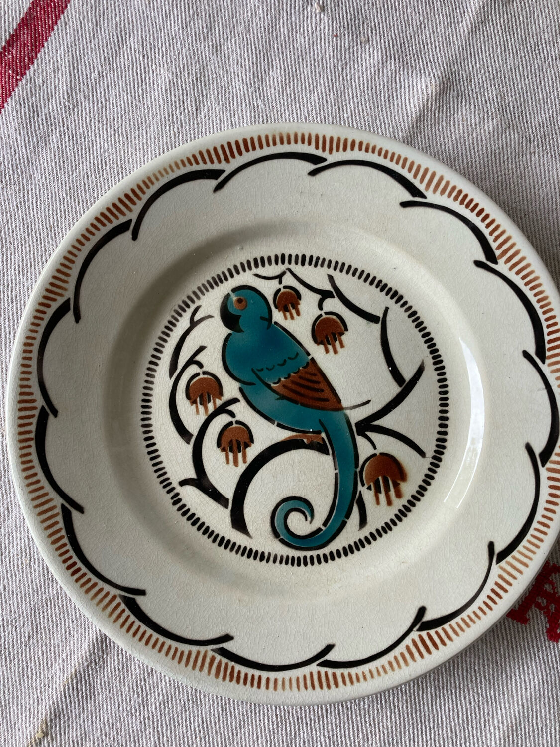 Dessert plates and serving dish, K&G Luneville, parakeet model.