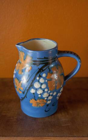 vintage ceramic pitcher, blue ceramic jug, carafe