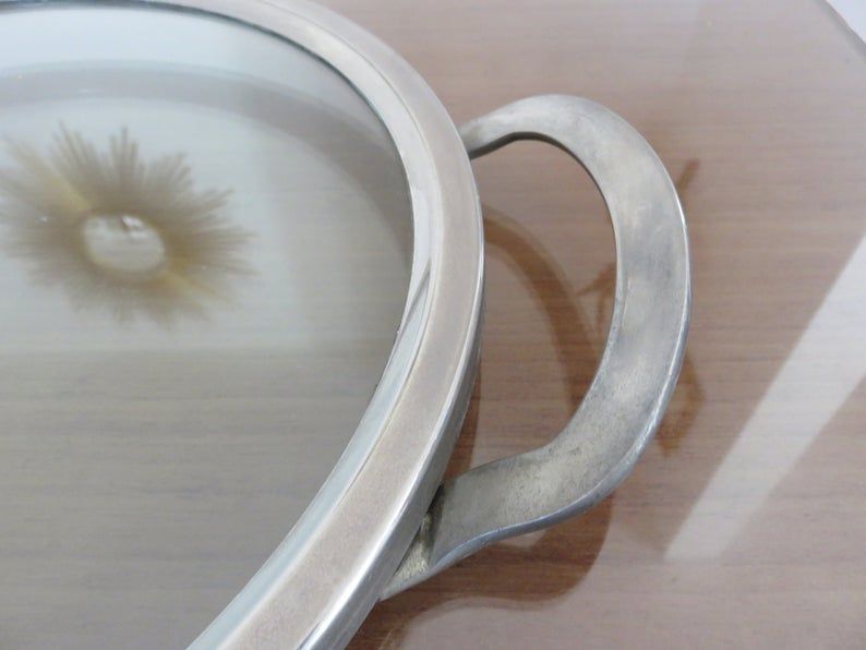 Modernist art deco tray in silver metal and smoked glass 1940s