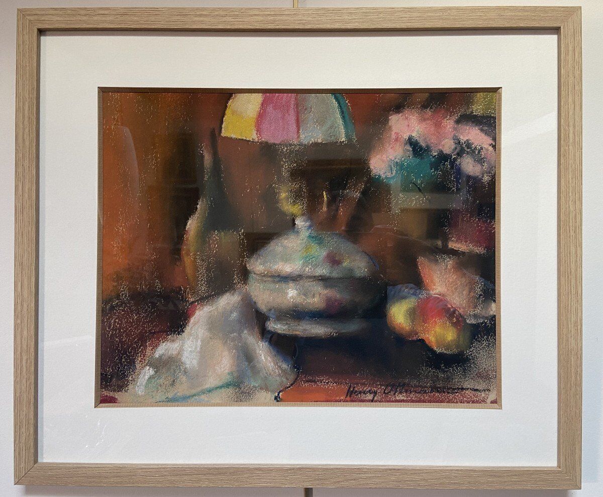 Still life with lamp, signed pastel