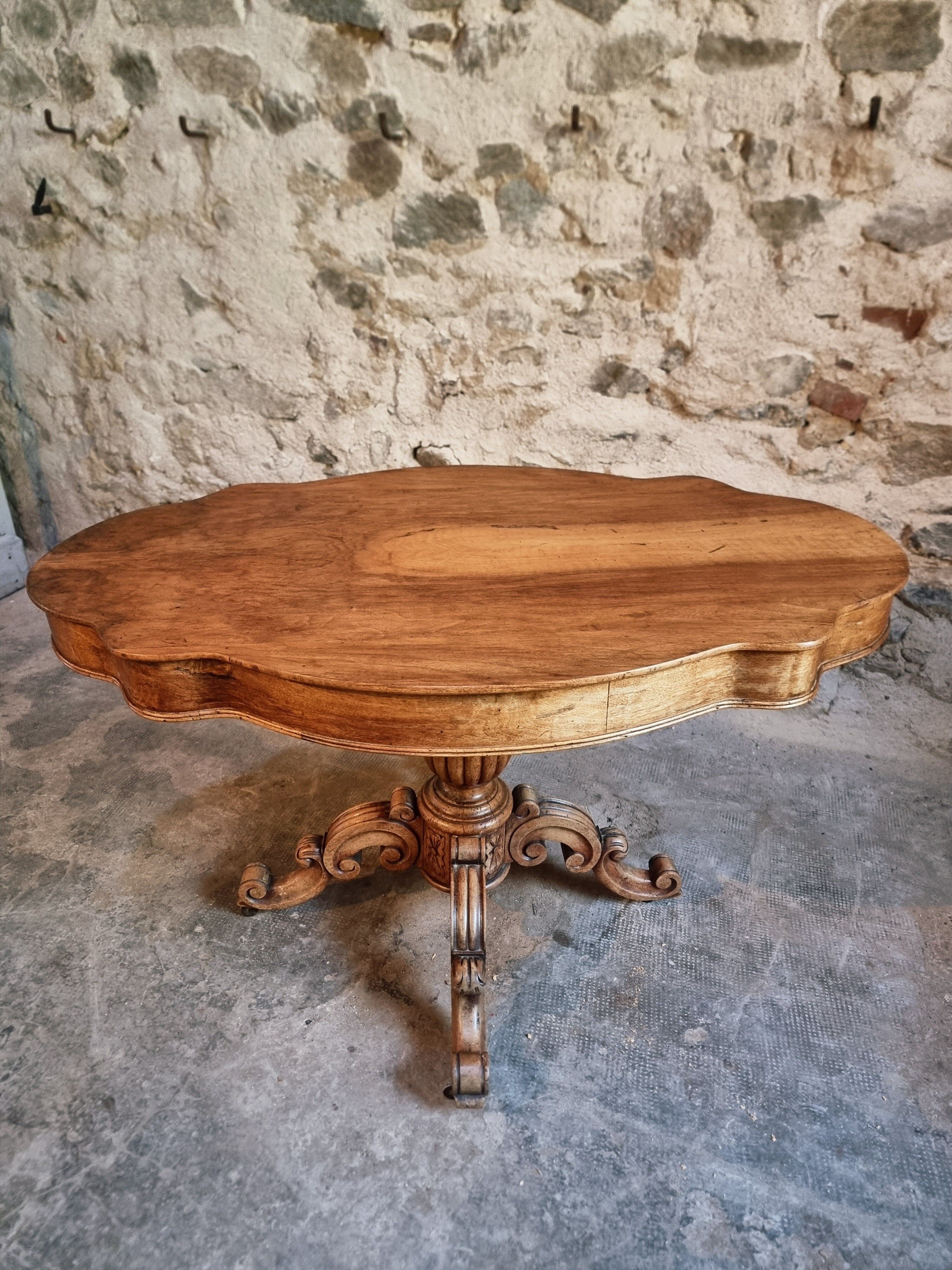French antique walnut violin table, centre table with drawer, circa 1880–1900.