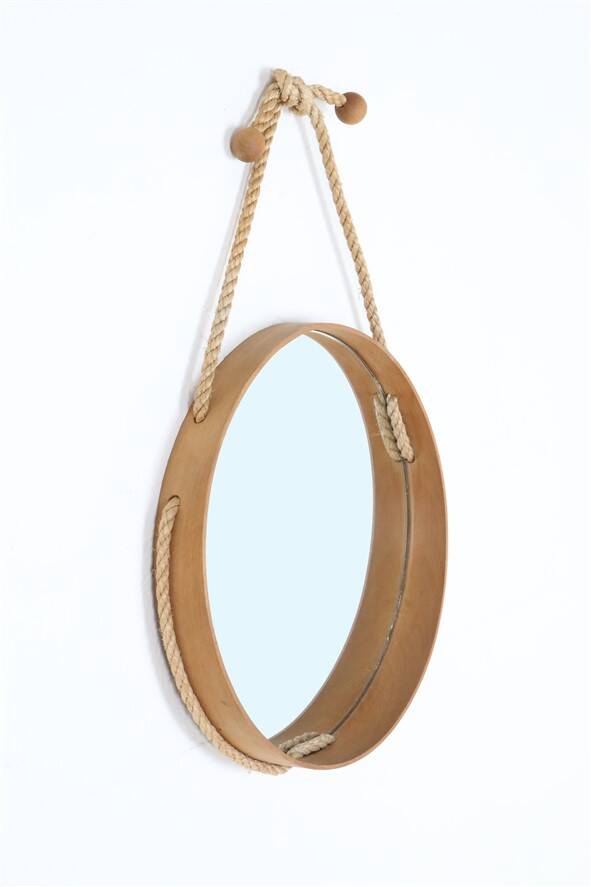 Round mid-century wall mirror / beech / sisal / Danish modern design / 1970s