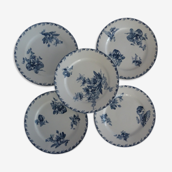 5 assiettes desserts faience ancienne Sarreguemines modèle stella décor fleurs bleues