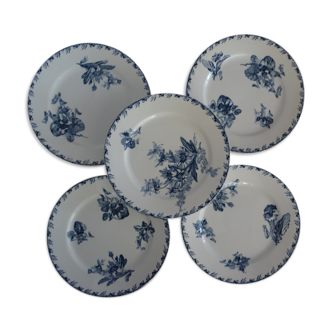 5 Plates desserts faience old Sarreguemines model Stella decoration blue flowers